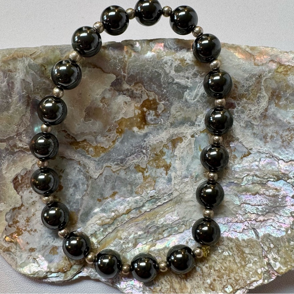 Black and Silver Beaded Bracelet with Polished Finish